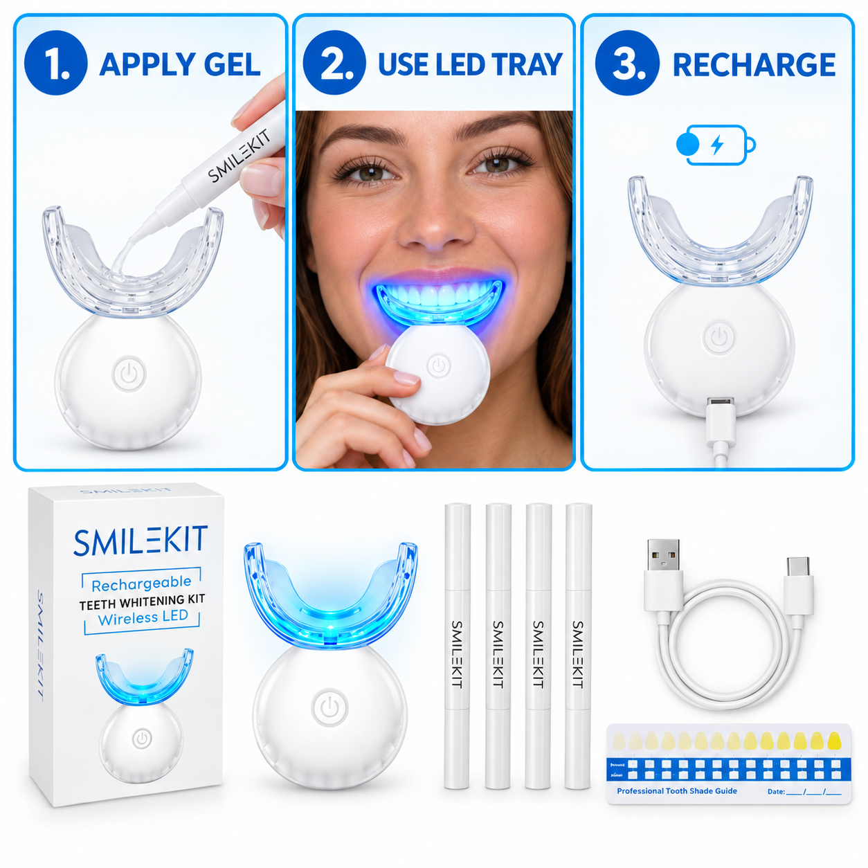 Smile Bright™ Rechargeable Teeth Whitening Kit Wireless LED